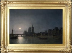 Victorian London by Moonlight - Large Fine 19th Century Landscape Oil on Canvas