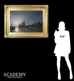 Westminster from the Thames by Moonlight - 19th Century Nightscape Oil Painting