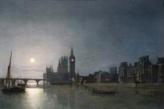 Westminster from the Thames by Moonlight - 19th Century Nightscape Oil Painting