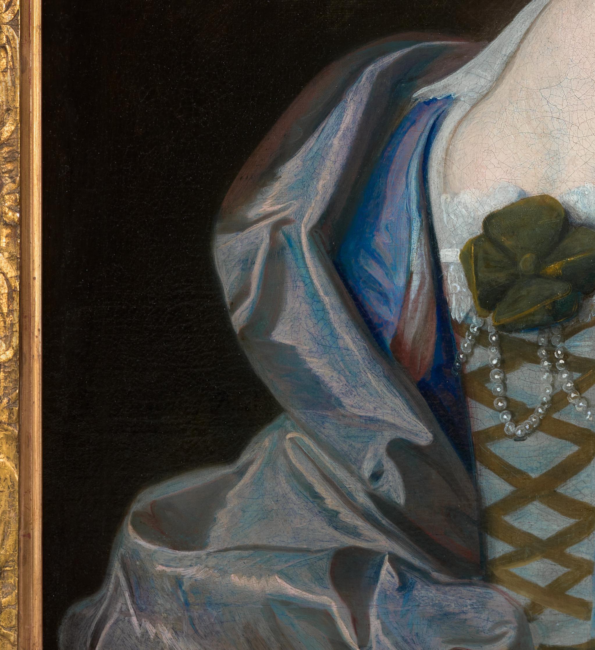 Portrait d'une femme dans une robe en soie bleue et rose, peut-être Mme Rowe, signée et datée en vente 1