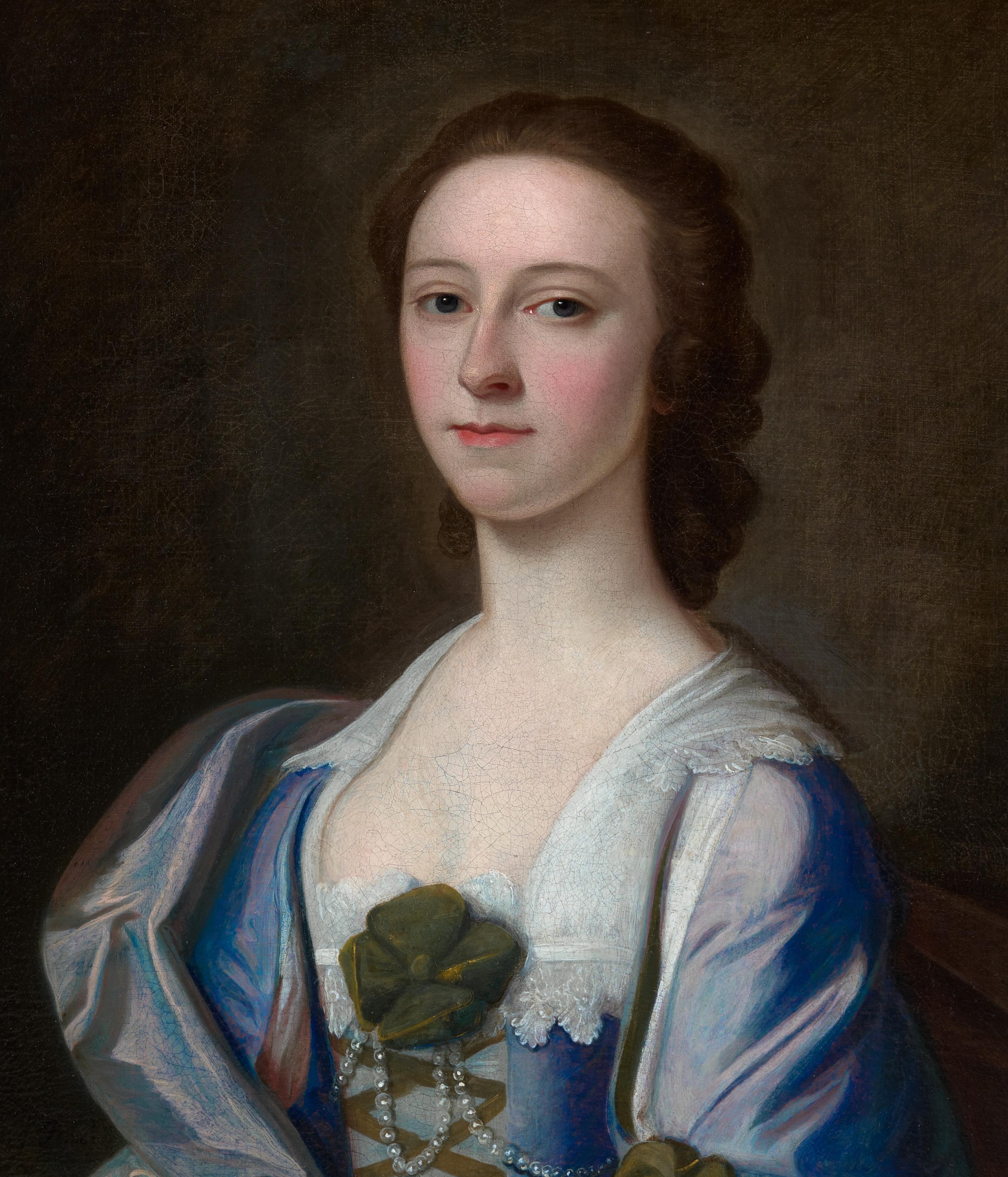 Porträt einer Dame in einem blau-rosa Seidenkleid, möglicherweise Mrs Rowe, signiert datiert im Angebot 2