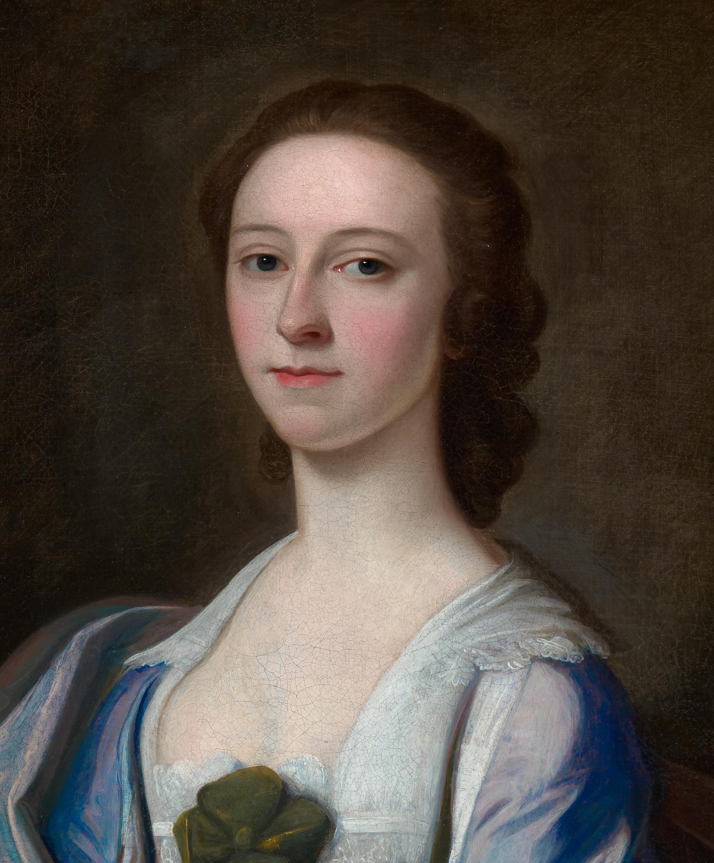 Porträt einer Dame in einem blau-rosa Seidenkleid, möglicherweise Mrs Rowe, signiert datiert im Angebot 3