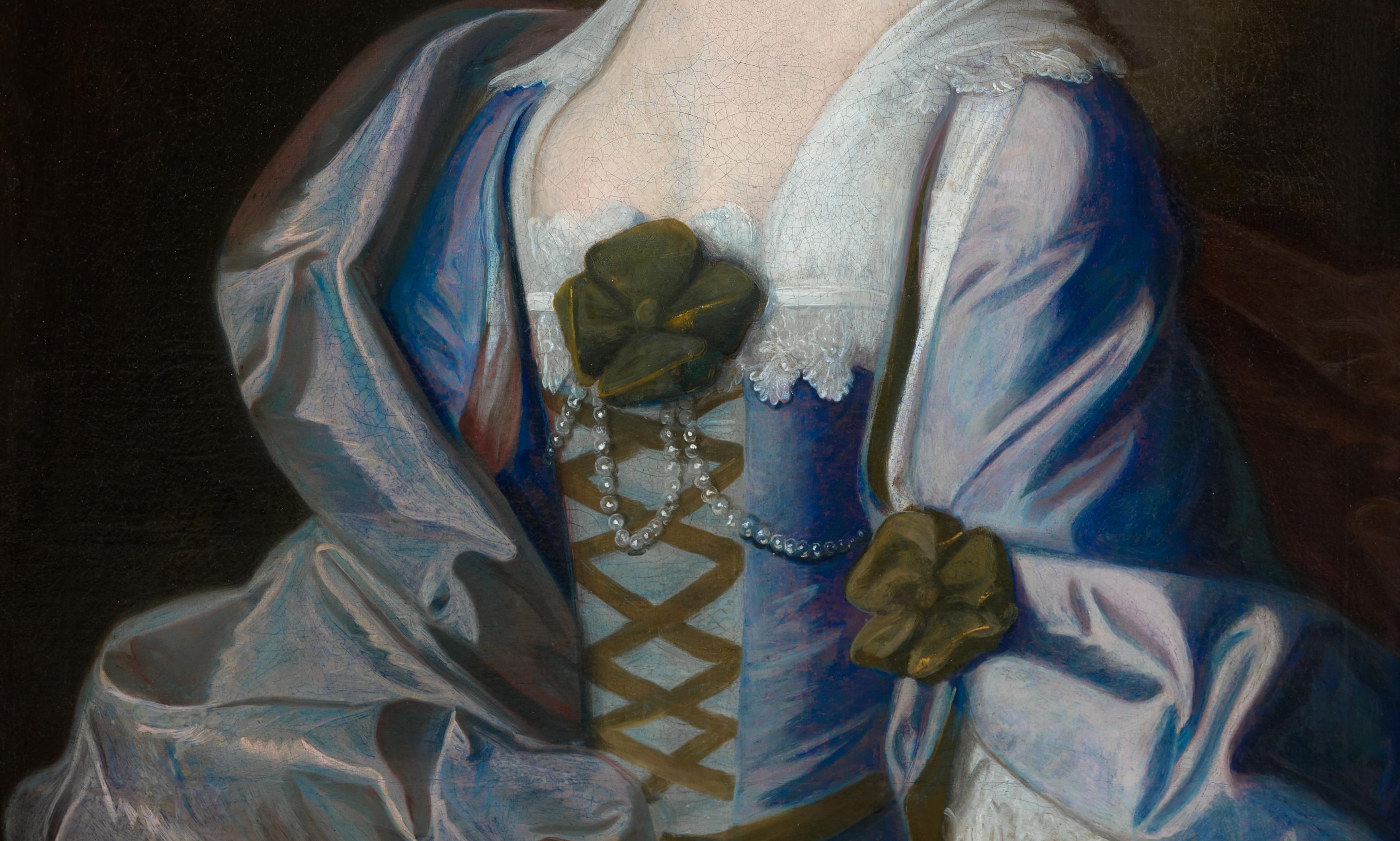 Porträt einer Dame in einem blau-rosa Seidenkleid, möglicherweise Mrs Rowe, signiert datiert im Angebot 4