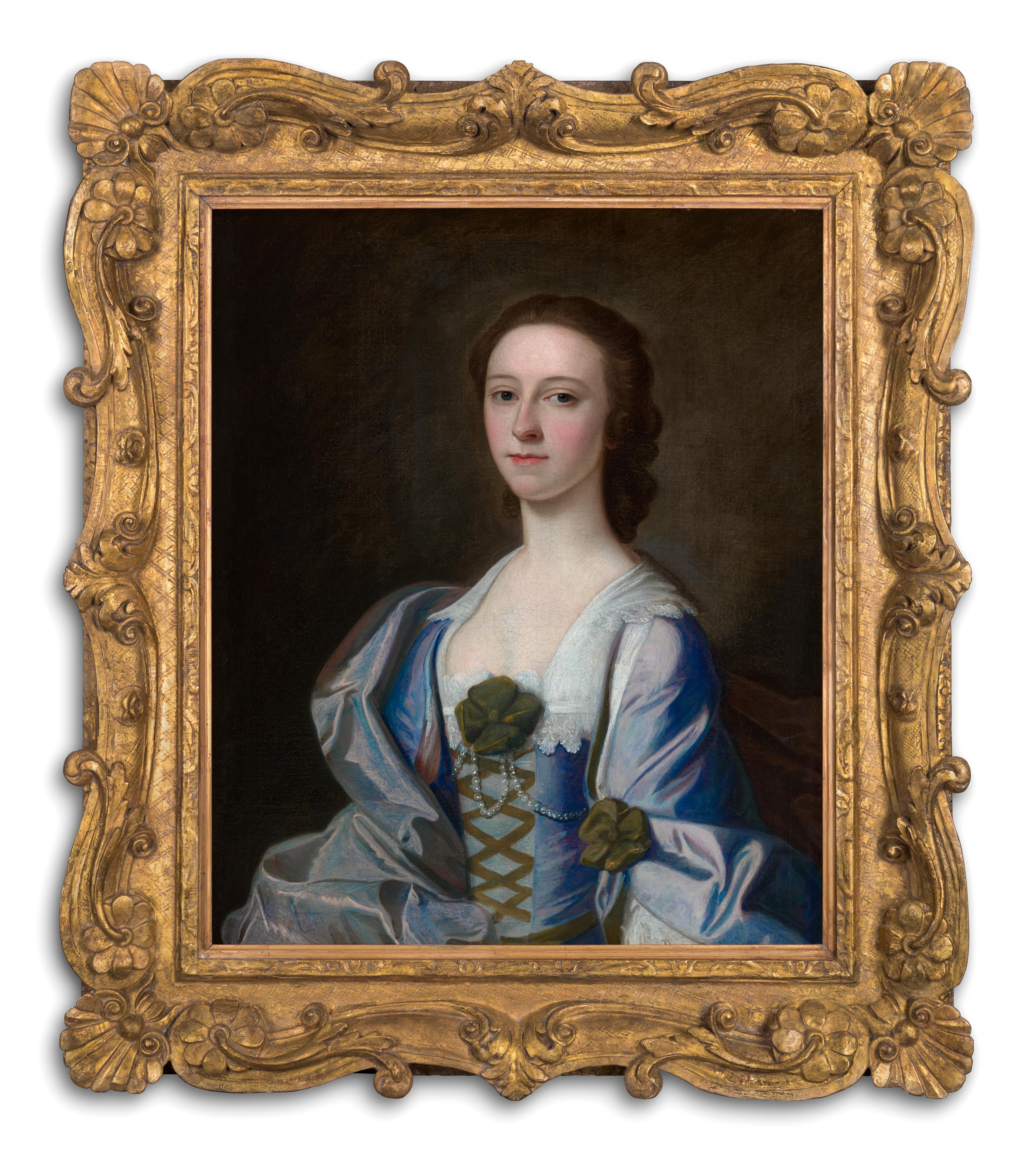 Porträt einer Dame in einem blau-rosa Seidenkleid, möglicherweise Mrs Rowe, signiert datiert