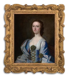 Portrait d'une femme dans une robe en soie bleue et rose, peut-être Mme Rowe, signée et datée