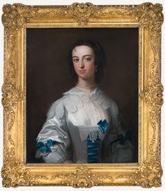 Ritratto di una signora in abito di seta bianca con fiocchi di nastro blu, 1745-1755 ca.