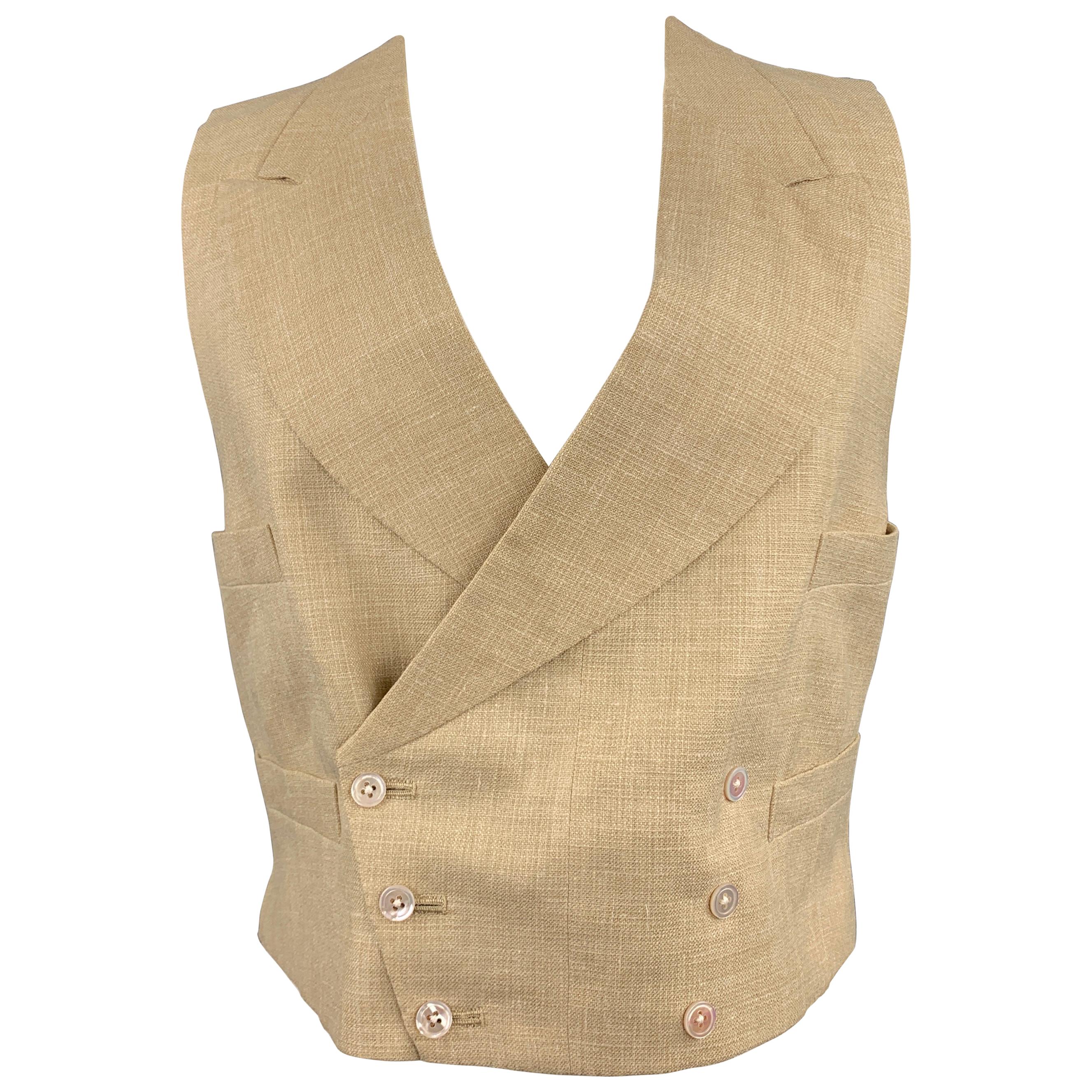 HENRY POOLE & CO Size 40 Khaki Woven Linen Double Breasted Vest