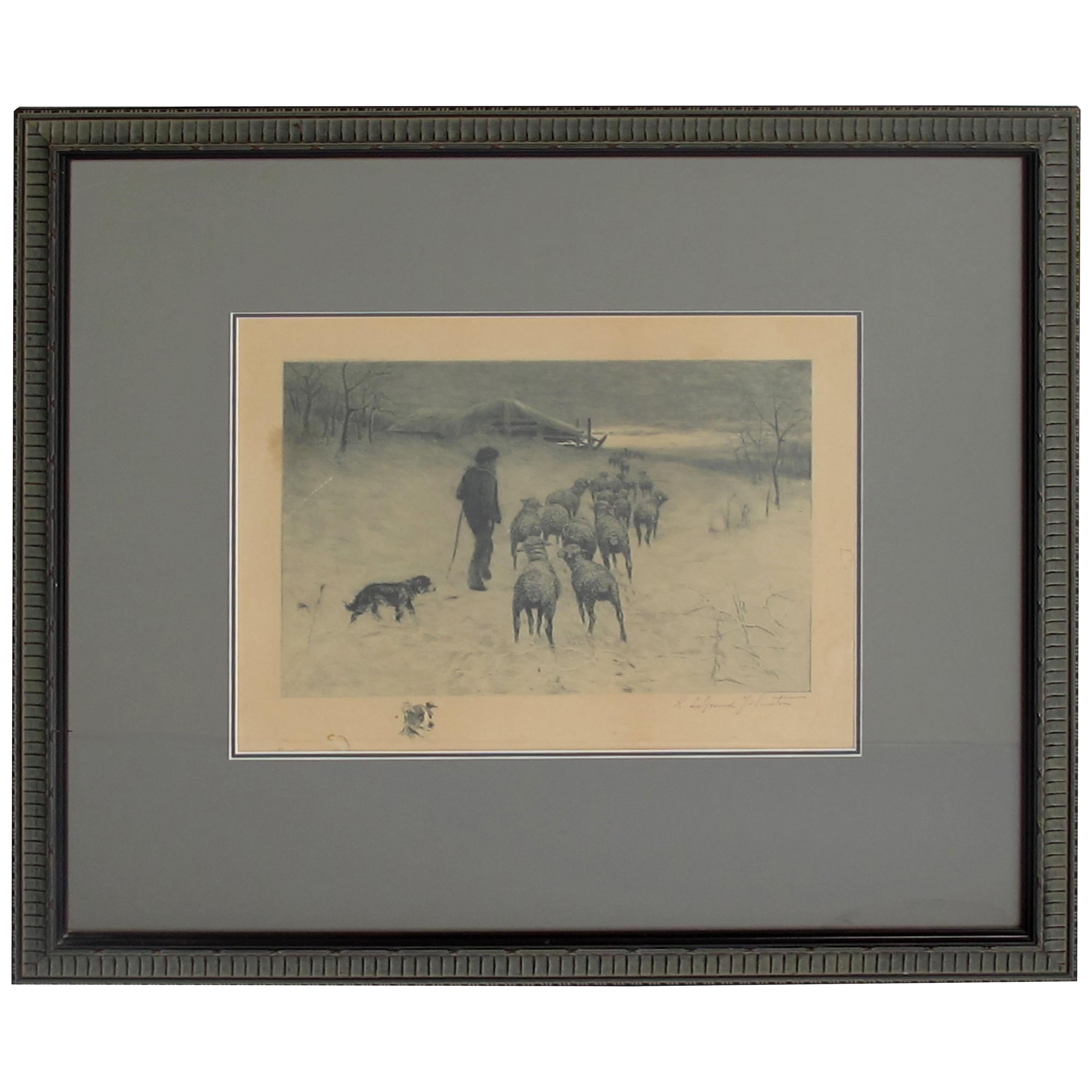 Henry Pruett Share Etching of Wintry Pastoral Scene; Signed R. Legrande Johnston