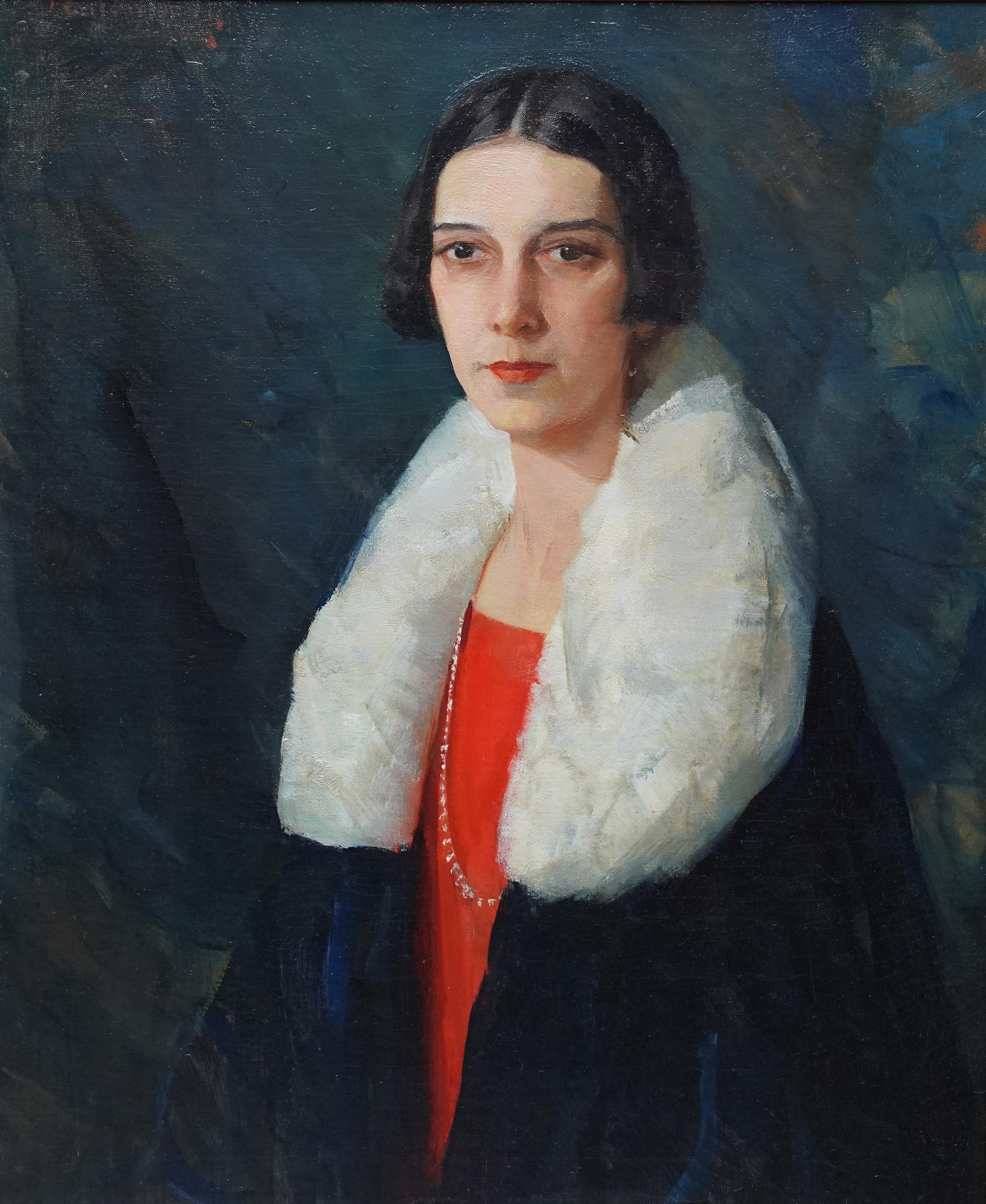 Porträt einer Dame aus den 1920er Jahren – amerikanisches Art déco-Porträt, Ölgemälde im Angebot 7