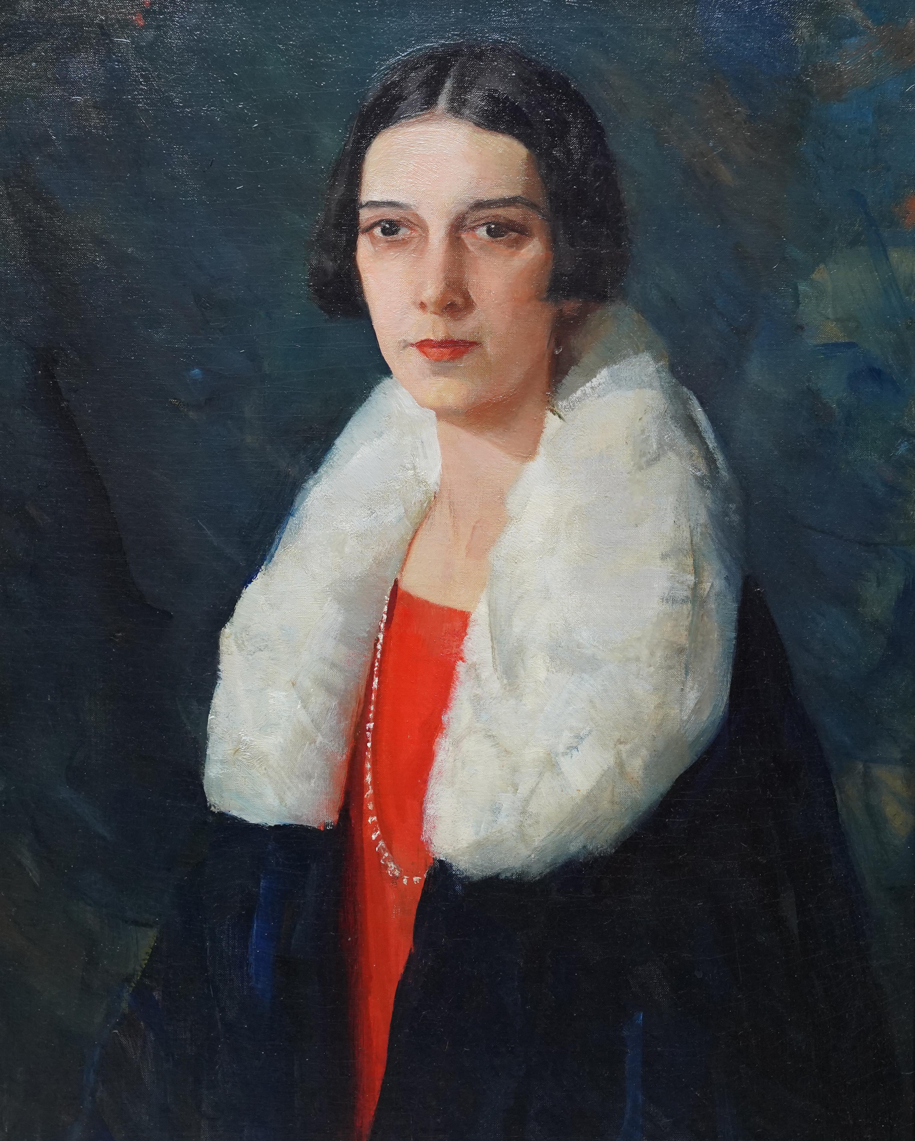 Der amerikanische Künstler Henry R. Rittenberg malte dieses schöne Ölgemälde im Art déco-Stil der 1920er Jahre. Das Gemälde ist ein stehendes, halblanges Porträt einer Dame in einem schwarzen Mantel mit weißem Pelzkragen über einem roten Kleid und