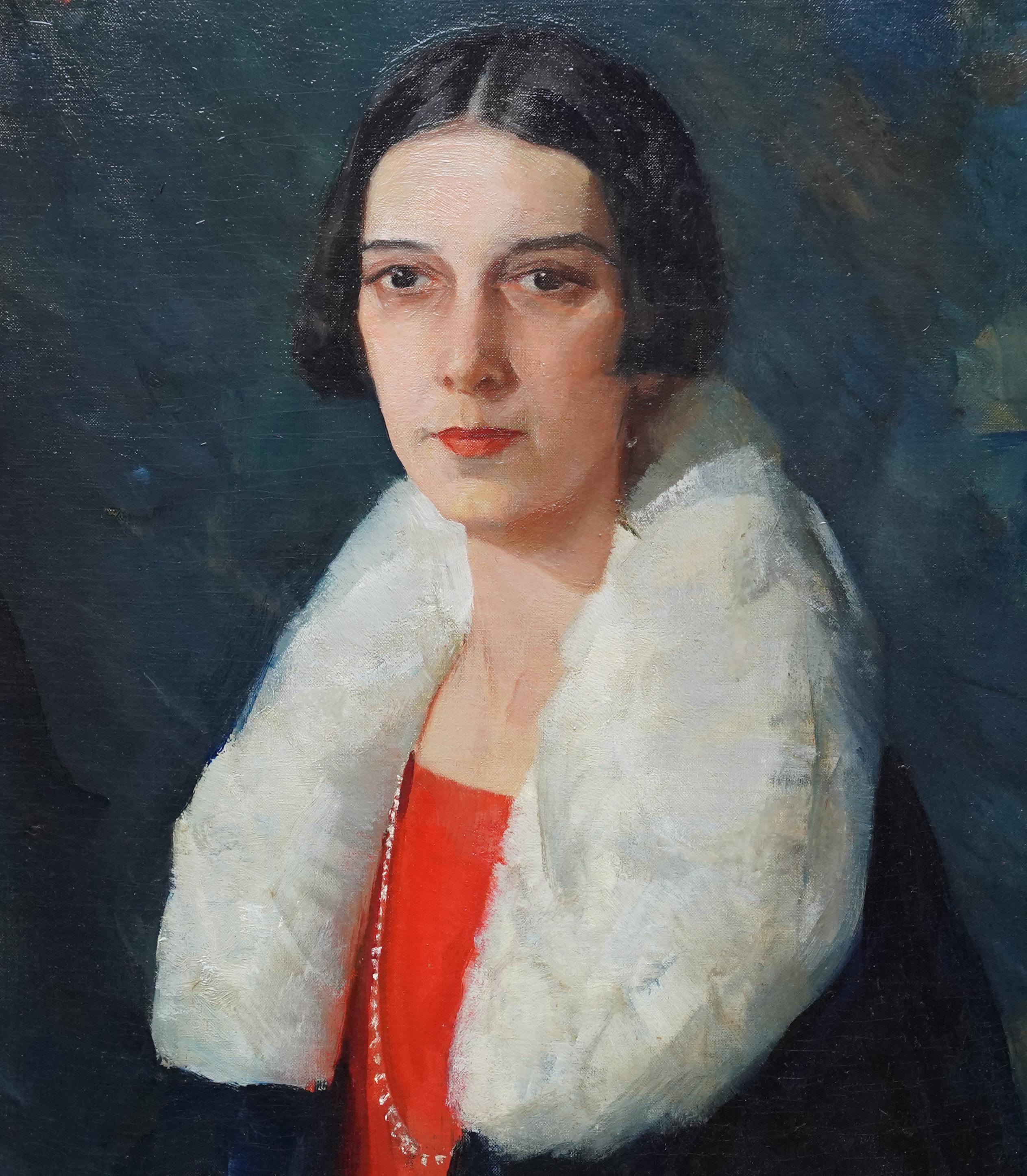 Porträt einer Dame aus den 1920er Jahren – amerikanisches Art déco-Porträt, Ölgemälde im Angebot 1