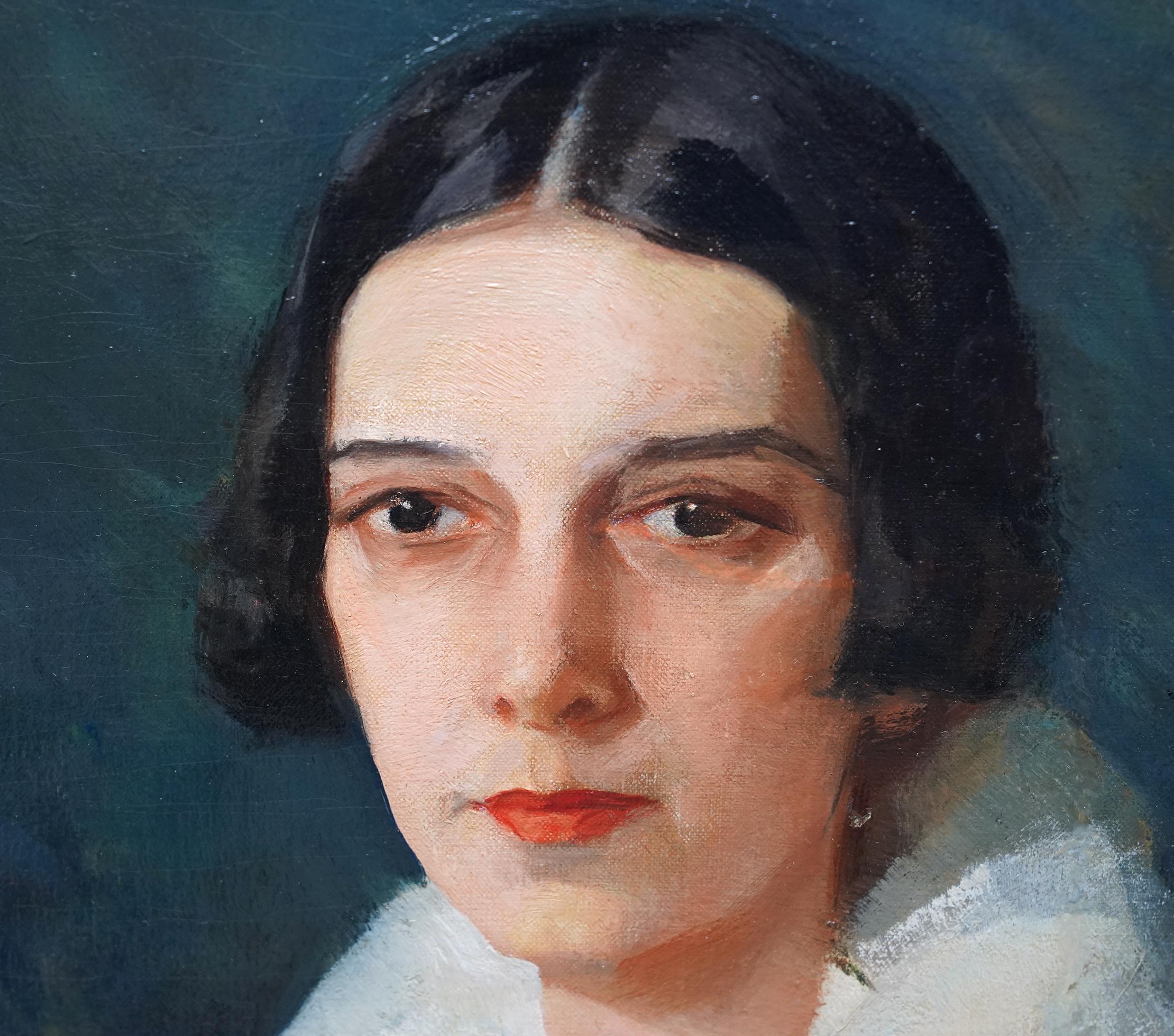 Portrait d'une femme des années 1920 - Peinture à l'huile Art Déco américaine d'un portrait de femme en vente 2