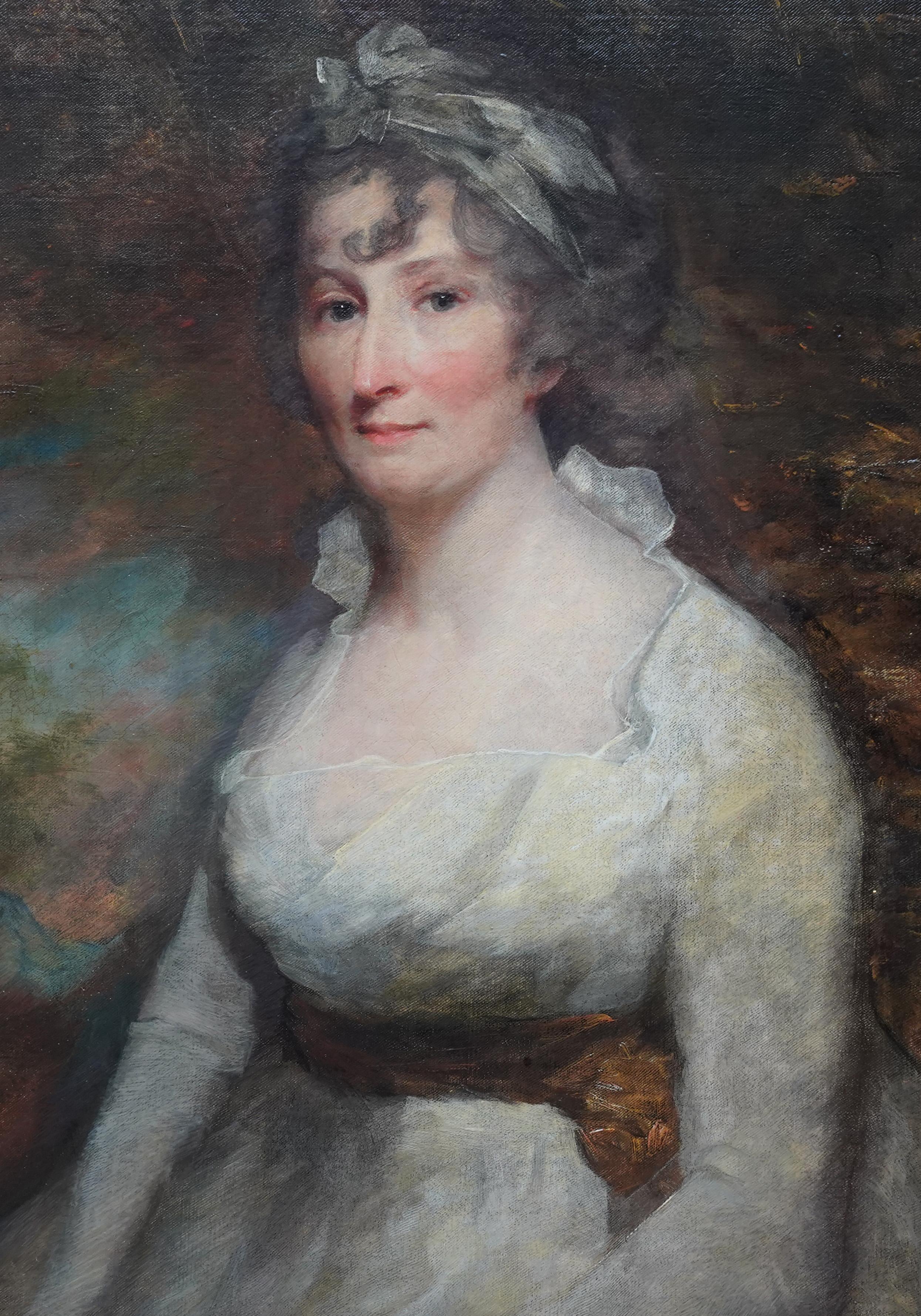 A fine large and stunning Scottish Old Master portrait oil painting on canvas portrait in good condition which depicts Lady Eleanor Dundas in a white dress set against an open landscape. Painted circa 1800 it is a fine Old Master portrait painting