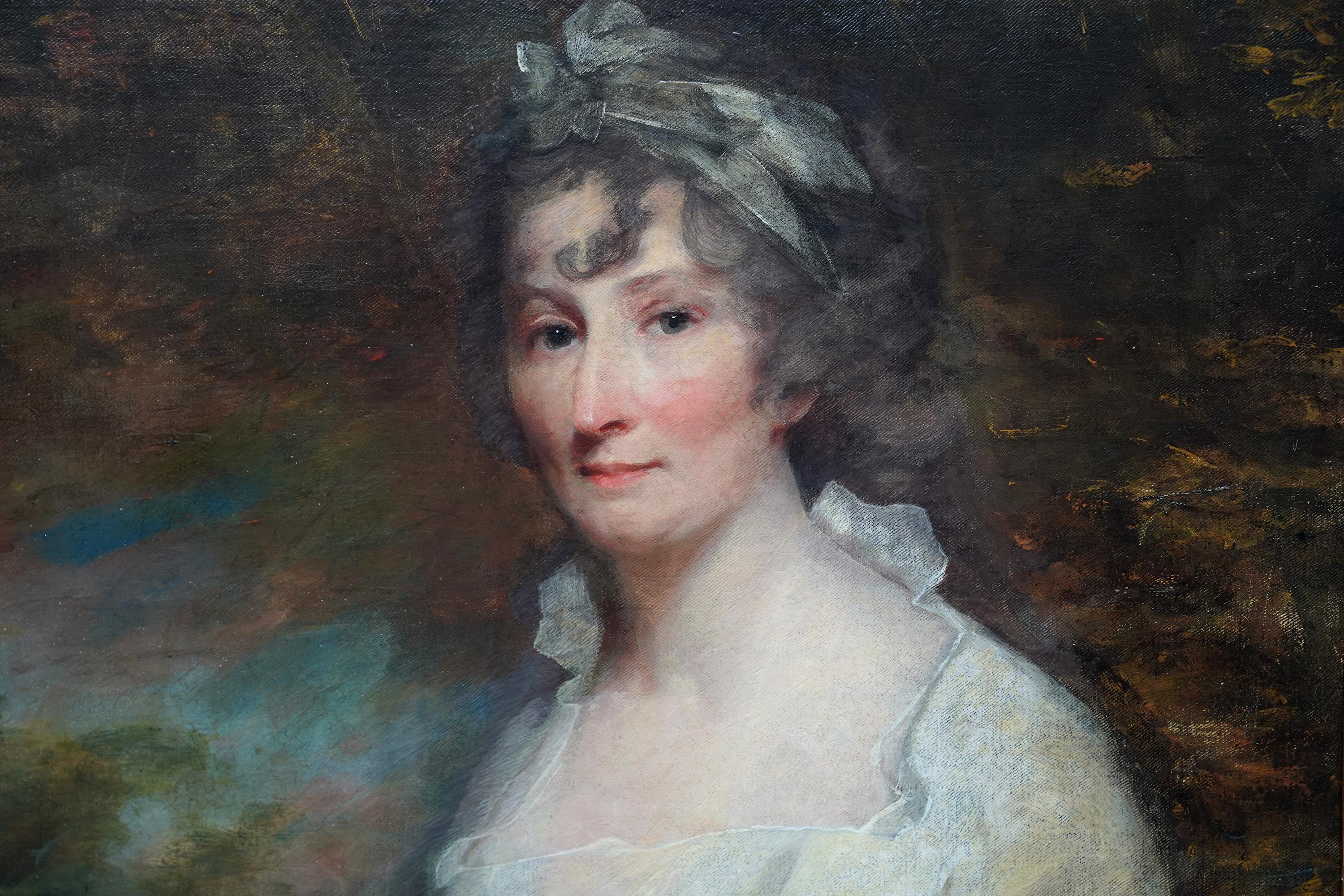 A fine large and stunning Scottish Old Master portrait oil painting on canvas portrait in good condition which depicts Lady Eleanor Dundas in a white dress set against an open landscape. Painted circa 1800 it is a fine Old Master portrait painting