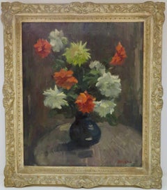  Peinture écossaise signée STILL LIFE FLOWERS POST IMPRESSIONIST 1950s oil painting