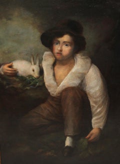 Boy and Rabbit Oil Painting, Framed, Mid-19th Century, 100x70 cm