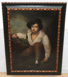 Boy and Rabbit Oil Painting, Framed, Mid-19th Century, 100x70 cm