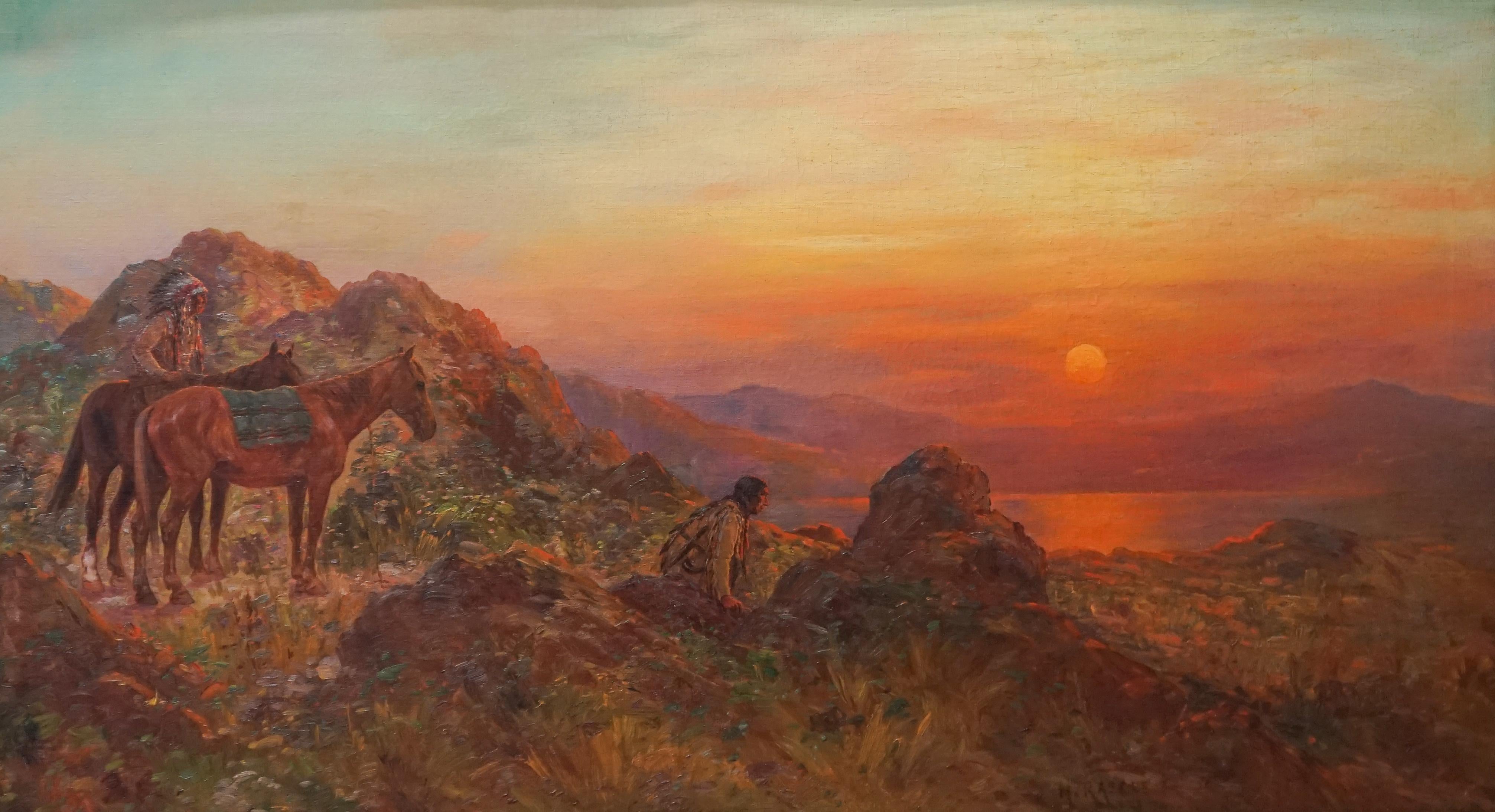 Antique Western American Indian Lookout at Sunset - Painting by Henry Raschen