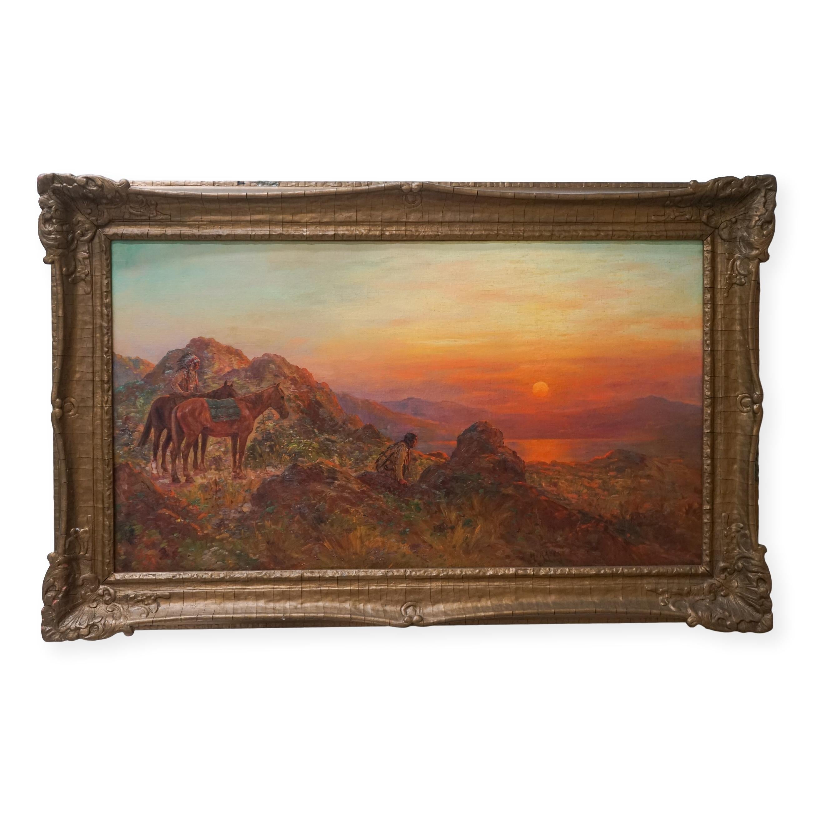 Henry Raschen Figurative Painting - Antique Western American Indian Lookout at Sunset
