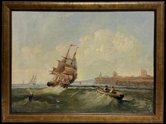 Fine 19th Century British Marine Oil Painting Ships Tynemouth Priory & Castle
