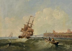 Fine 19th Century British Marine Oil Painting Ships Tynemouth Priory & Castle