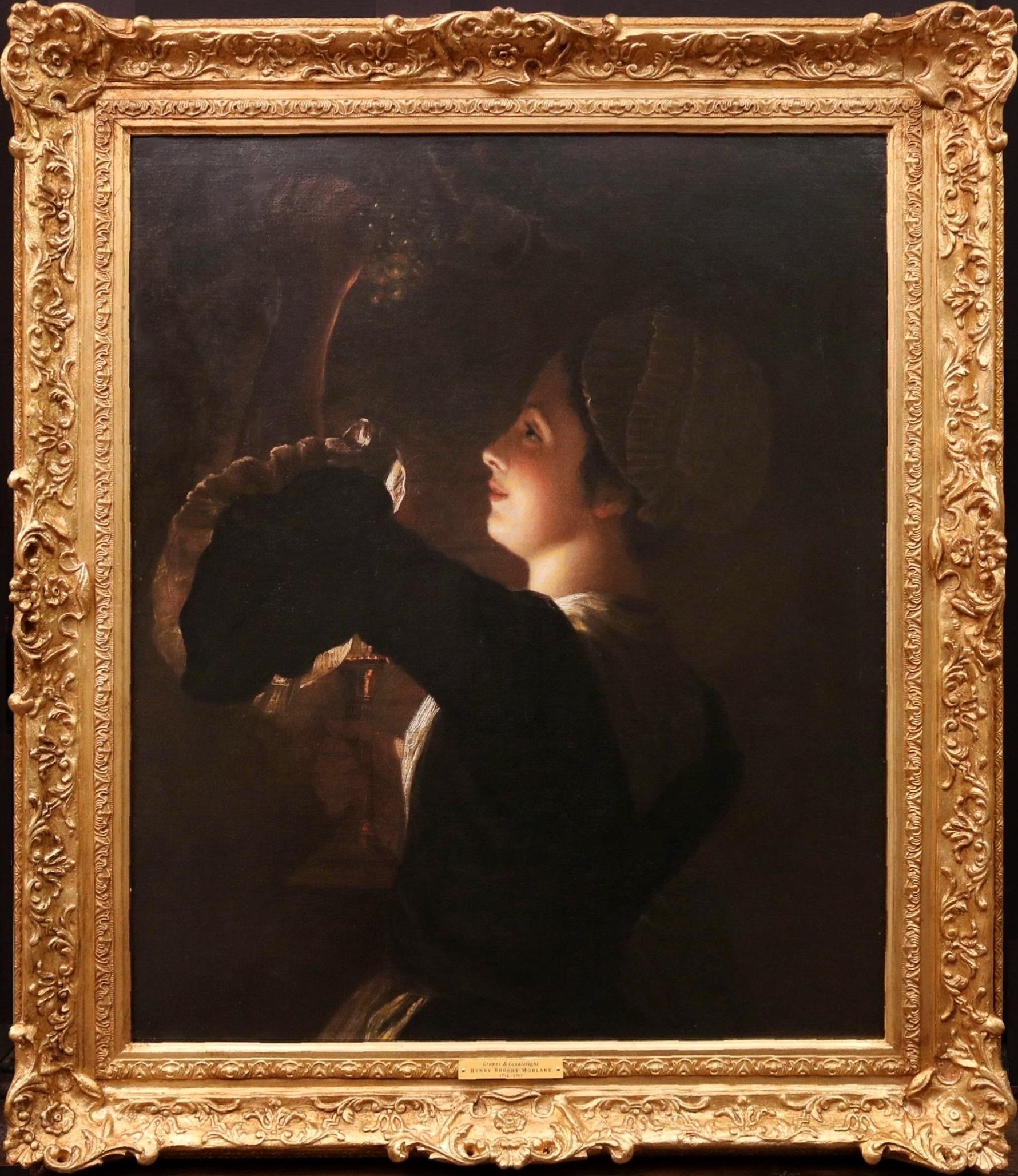 Uvas y luz de velas - Pintura al óleo en claroscuro del siglo XVIII de Doncella. Alrededor de 1780 - Painting de Henry Robert Morland