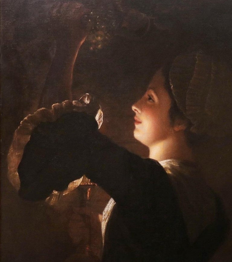 Grapes & Candlelight - 18th Century Chiaroscuro Oil Painting of Maid. Circa 1780 For Sale 1