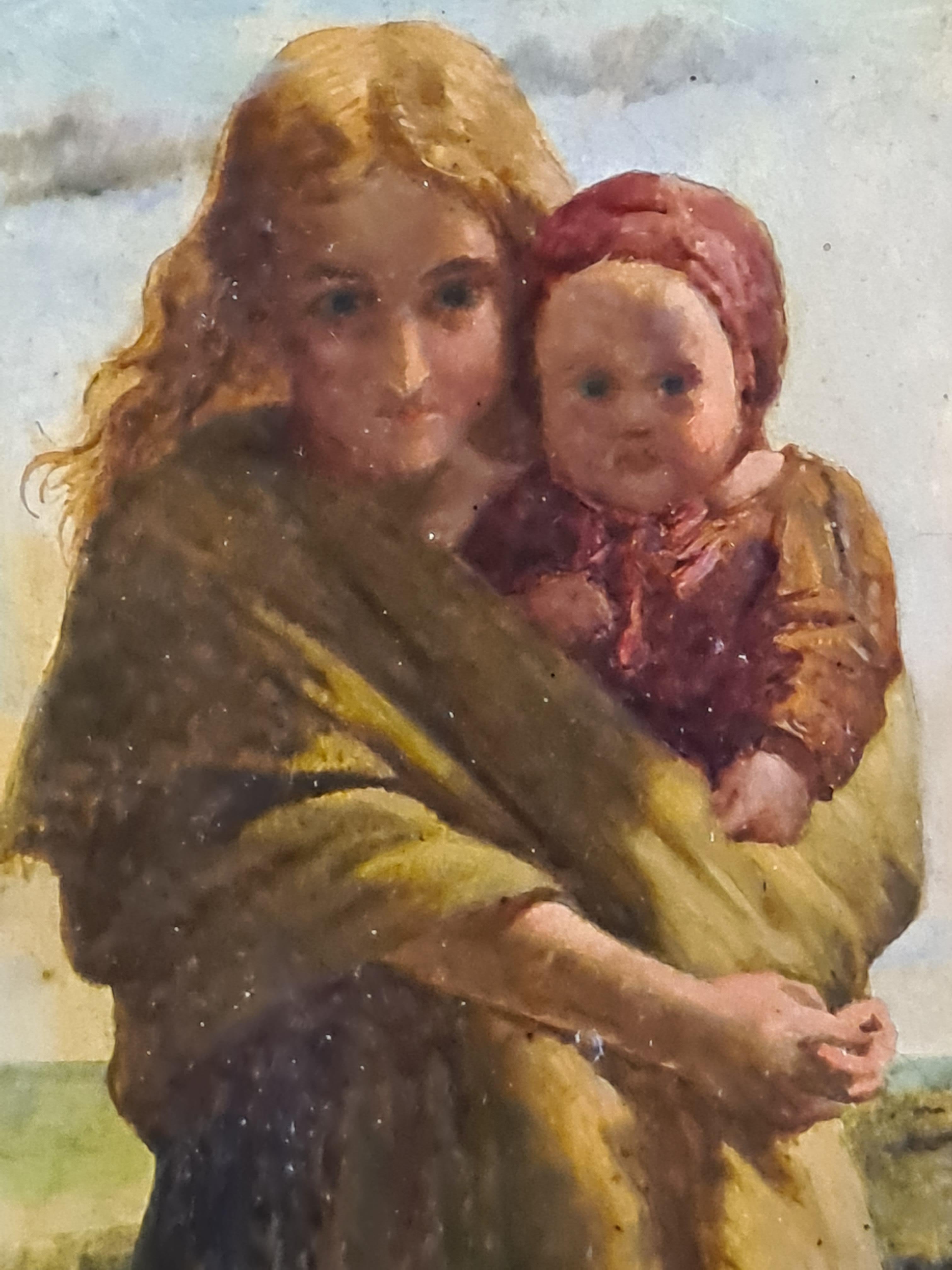 A British oil on board Pre-Raphaelite painting of a mother and child in a coastal scene by Henry Robert Robertson. The work is signed bottom left and is presented in a fine period gilt frame. There is evidence of a museum label on the gilt mount and