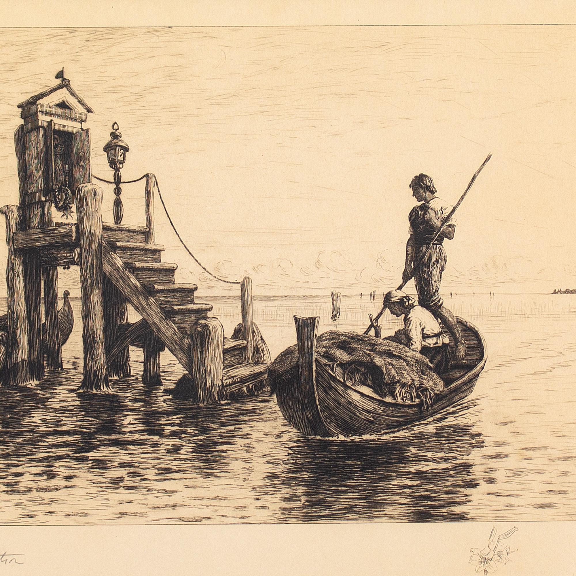 This fine late 19th-century etching by British artist Henry Robert Robertson (1839-1921) depicts a couple worshipping a shrine to the Virgin Mary at sea. The original painting was exhibited at the Royal Academy in 1879.

The couple sailed to this