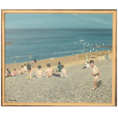 Irish Modernist Oil on Canvas Painting "Young Bathers" Children on the Beach