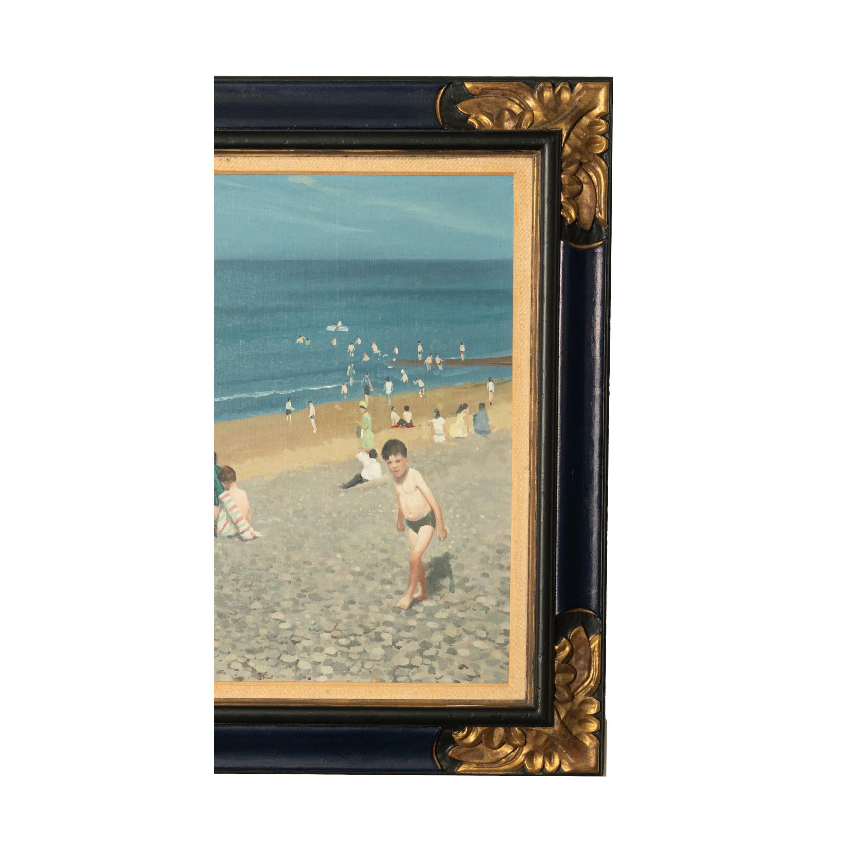 Huile sur toile moderniste irlandaise « Jeunes baigneurs » Enfants sur la plage - Gris Landscape Painting par Henry Robertson Craig
