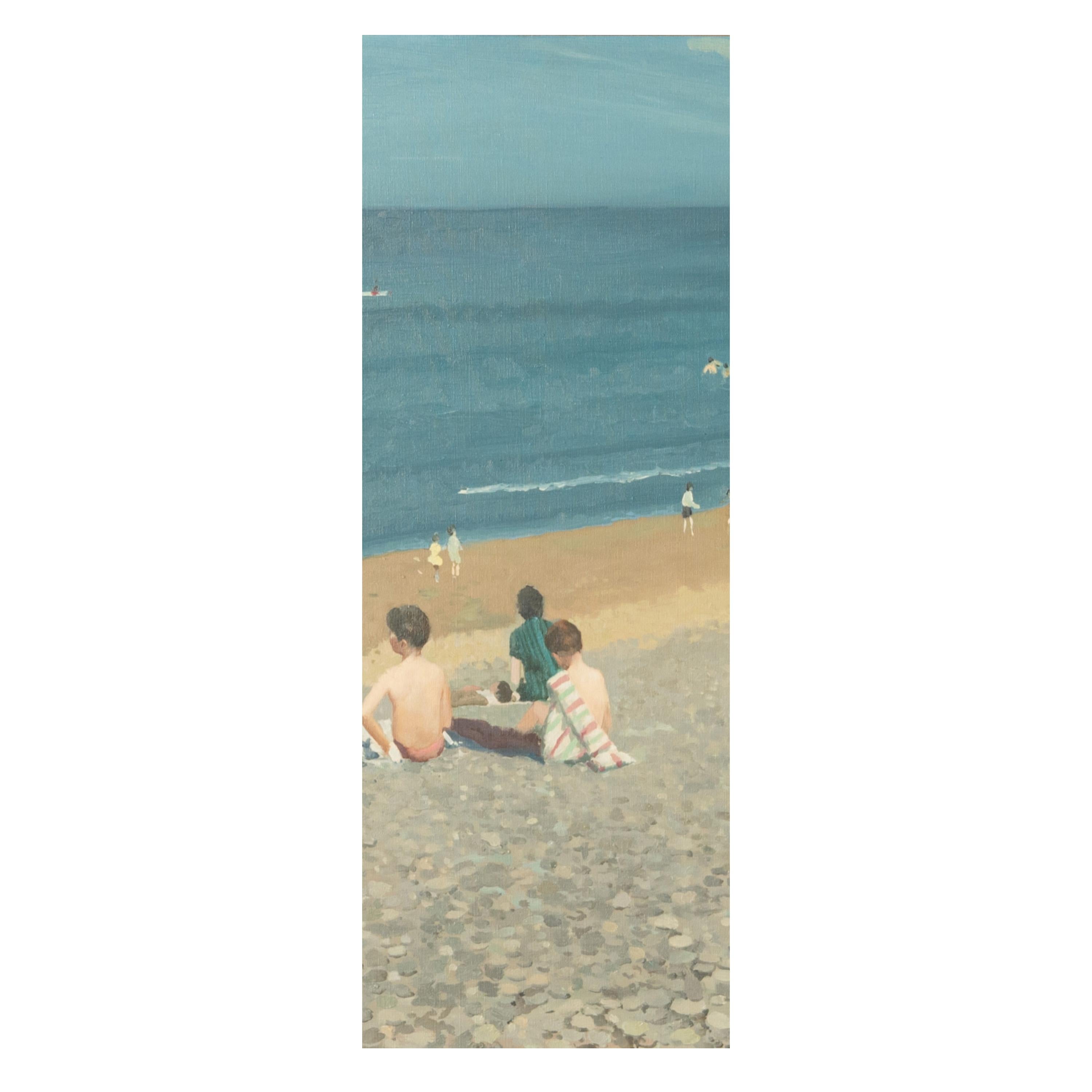 Huile sur toile moderniste irlandaise « Jeunes baigneurs » Enfants sur la plage en vente 1