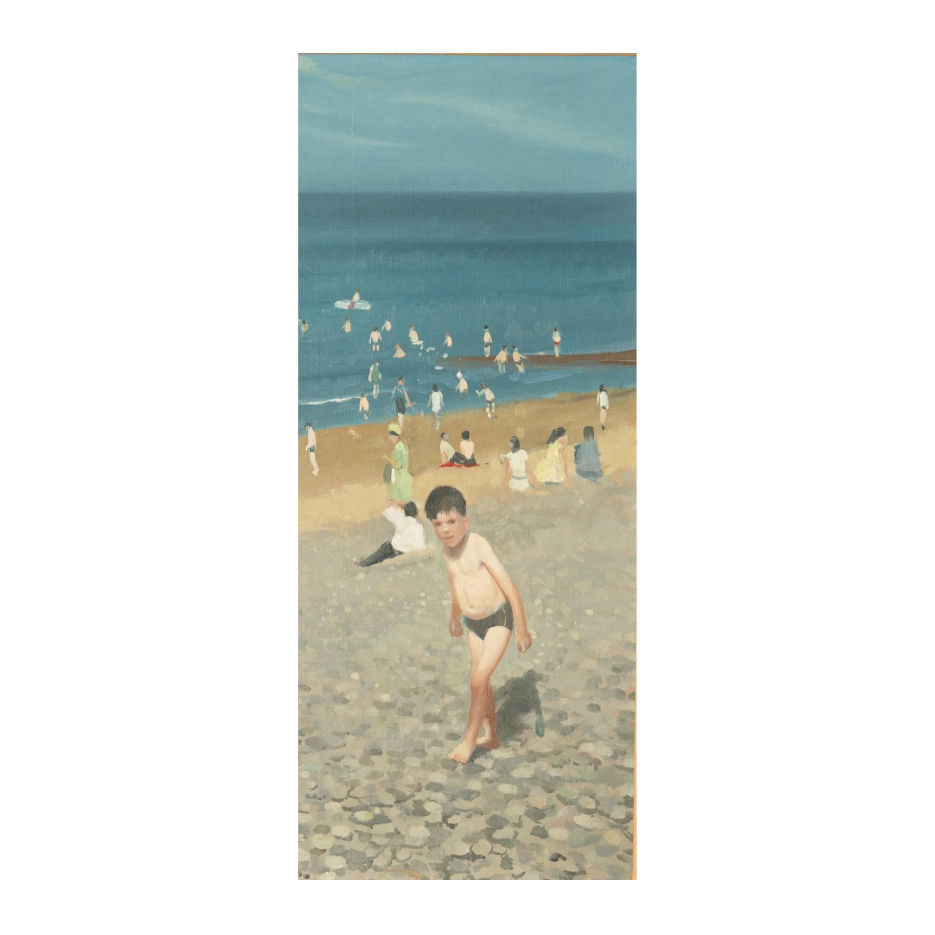 Huile sur toile moderniste irlandaise « Jeunes baigneurs » Enfants sur la plage en vente 2