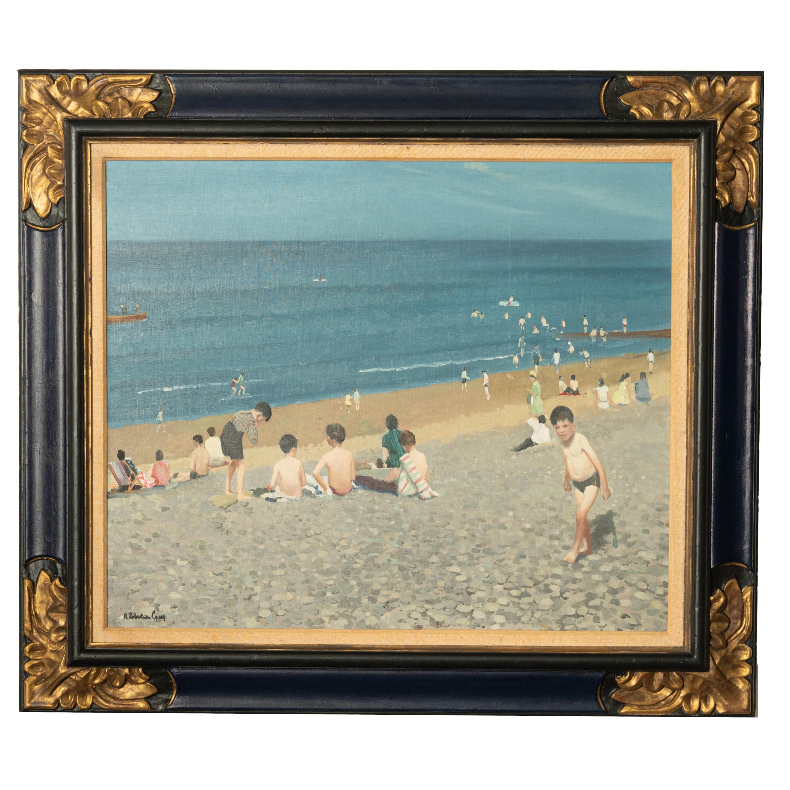 Landscape Painting Henry Robertson Craig - Huile sur toile moderniste irlandaise « Jeunes baigneurs » Enfants sur la plage