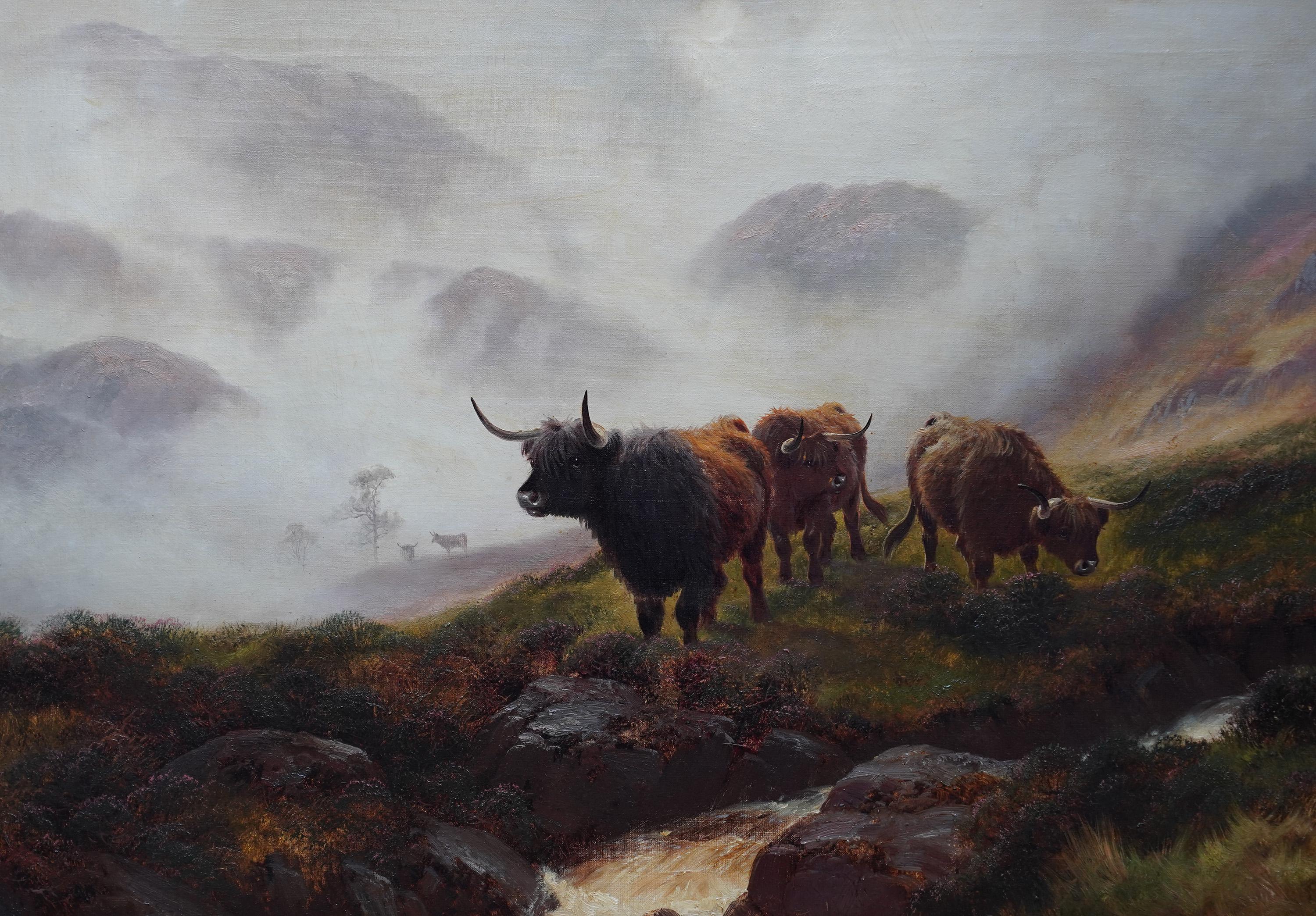 Ben Lomond Scotland Cattle in Mist - pittura ad olio di paesaggio del XIX secolo britannico - Painting Realismo di Henry Robinson Hall
