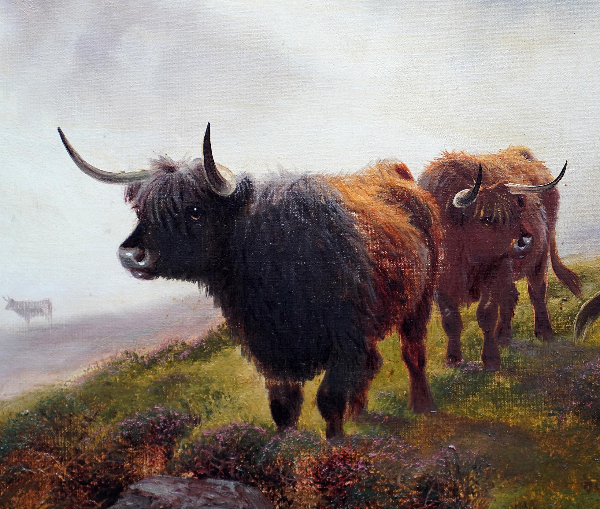 This superb British Victorian animal landscape oil painting is by noted artist Henry Robinson Hall. Famous for his paintings of Highland cattle, it was painted circa 1895 and is a large oil on canvas of long horned Highland cattle by a stream on a