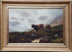 Antique Ben Lomond Scotland Cattle in Mist - British 19thC art landscape oil painting