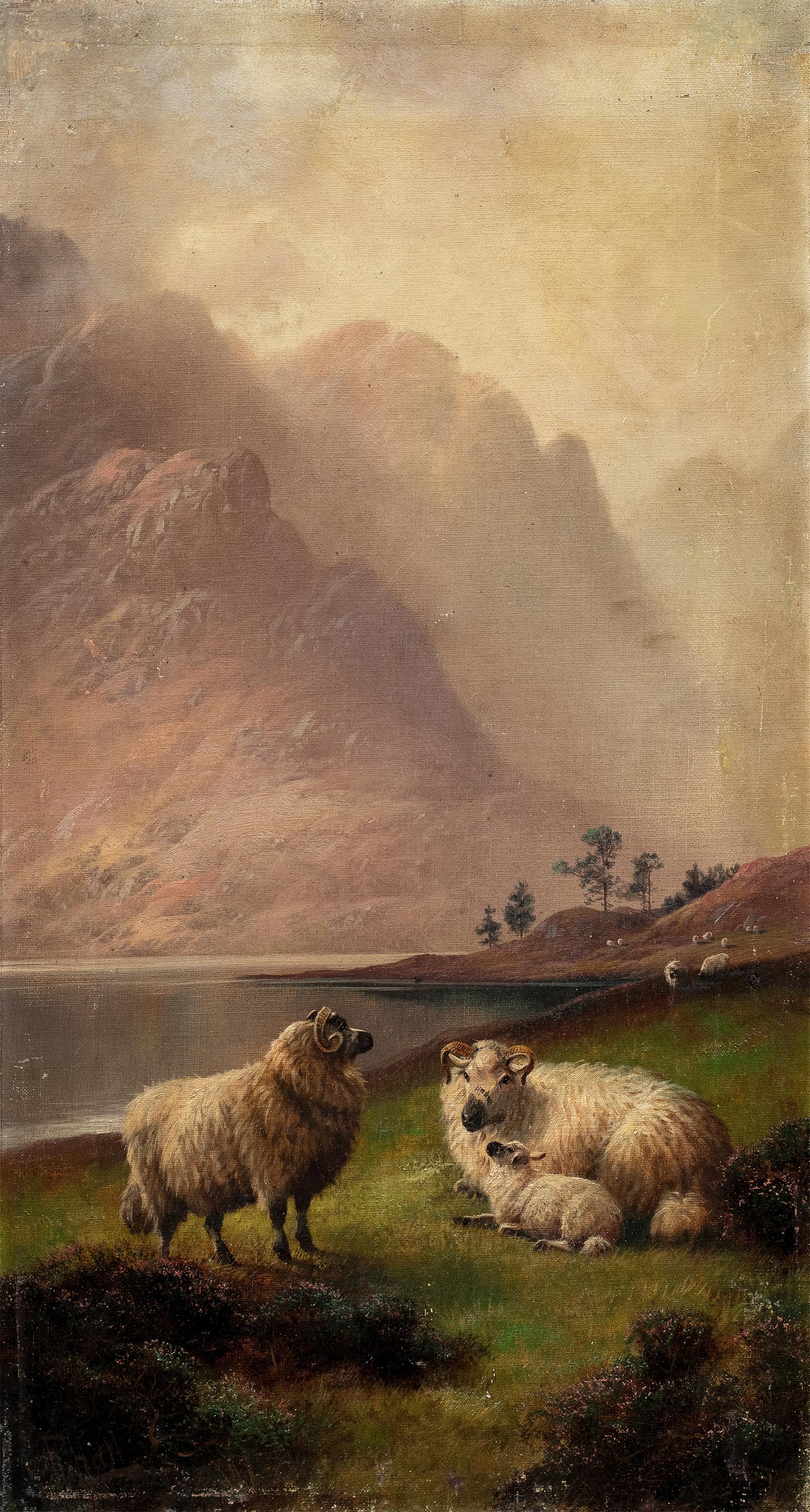 Henry Robinson Hall (British painter) - 19th century sheep Highland loch