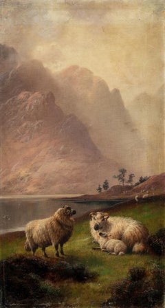 Henry Robinson Hall (British painter) - 19th century sheep Highland loch
