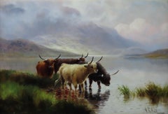 Oil Painting Pair by Henry Robinson Hall, "Highland Cattle"