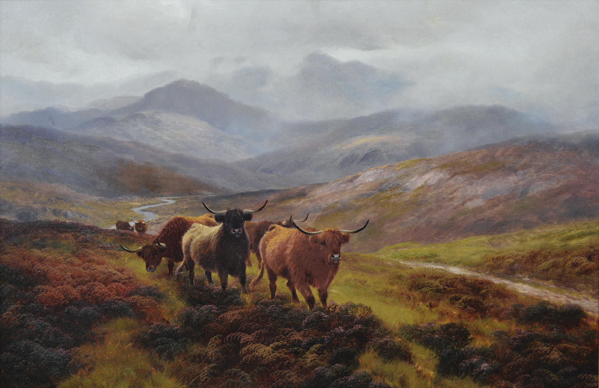 19th Century Scottish landscape animal oil painting of highland cattle - Painting by  Henry Robinson Hall