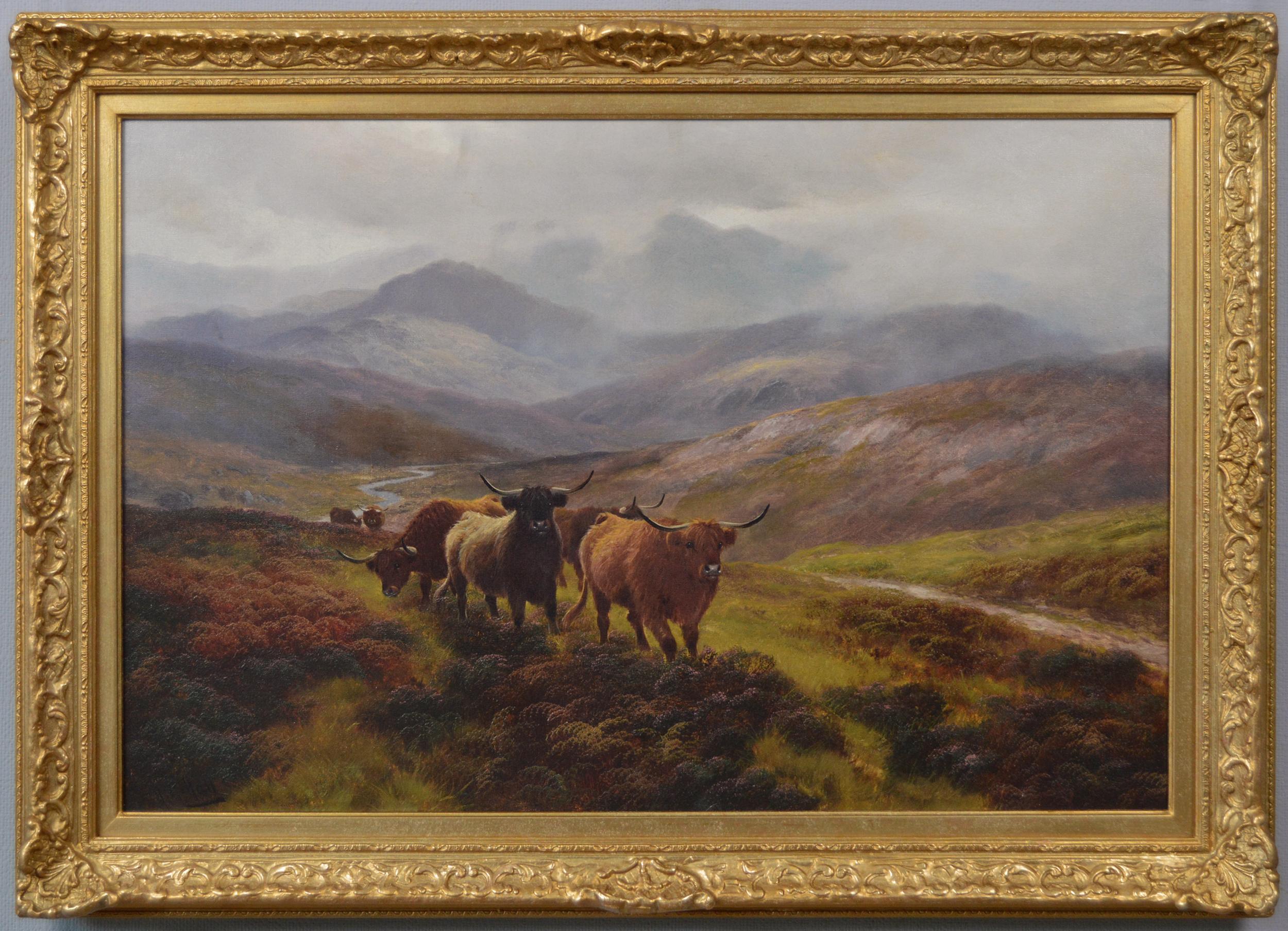19th Century Scottish landscape animal oil painting of highland cattle