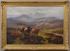 19th Century Scottish landscape animal oil painting of highland cattle