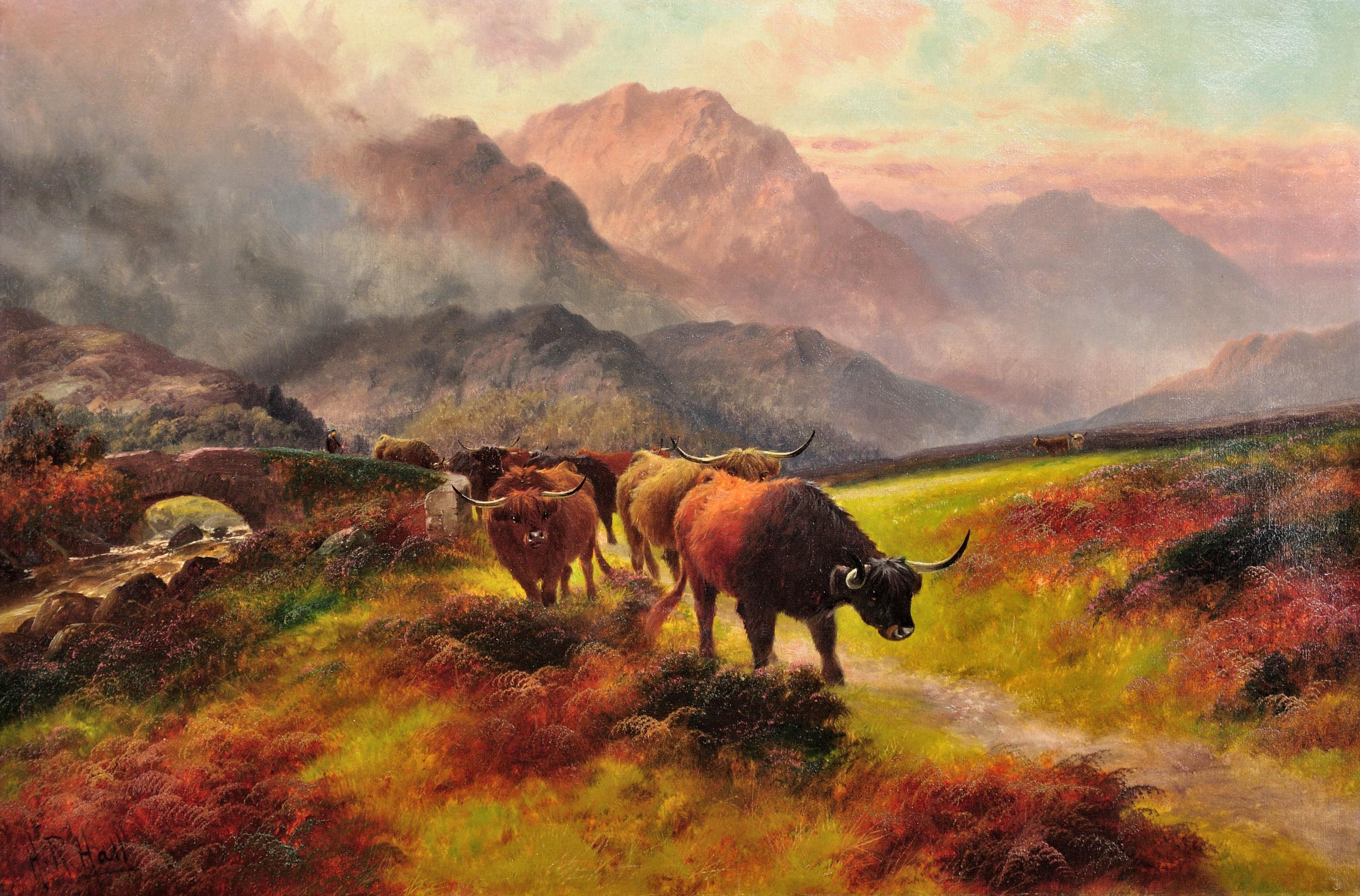 Glen Menteith – Highland Cattle. Scottish Cows. Victorian. Scotland. Large Oil. - Painting by  Henry Robinson Hall