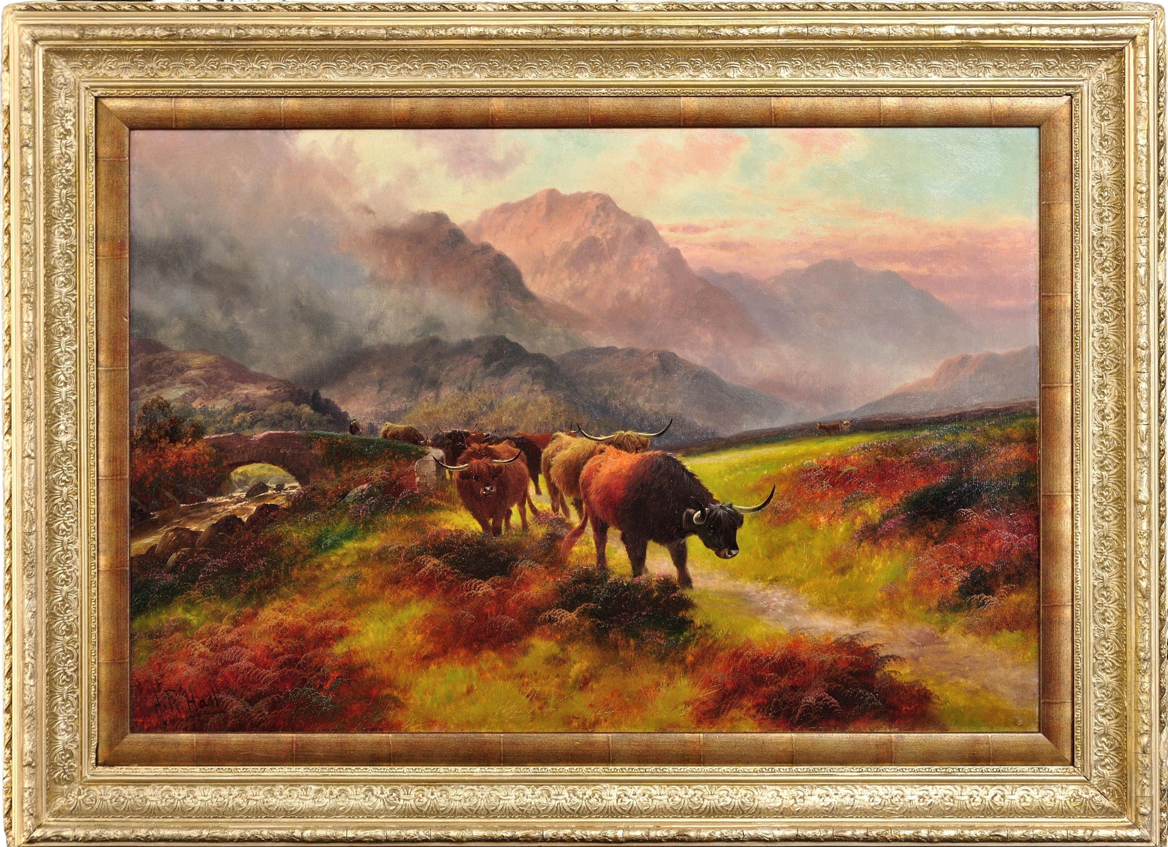  Henry Robinson Hall Landscape Painting - Glen Menteith – Highland Cattle. Scottish Cows. Victorian. Scotland. Large Oil.