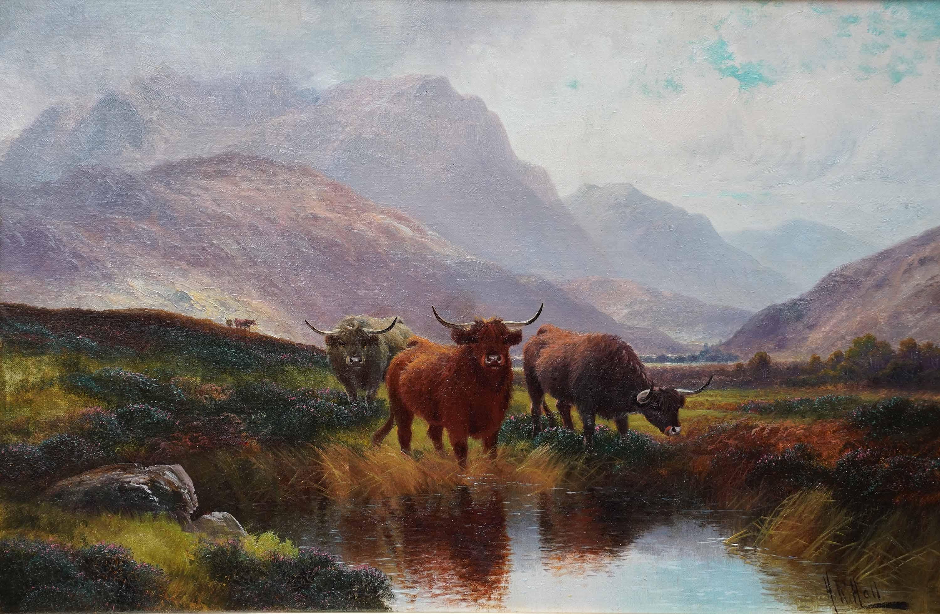 Bestiame delle Highlands in una pozza di brughiera, Perthshire - dipinto a olio d'arte britannico del 19° secolo in vendita 5