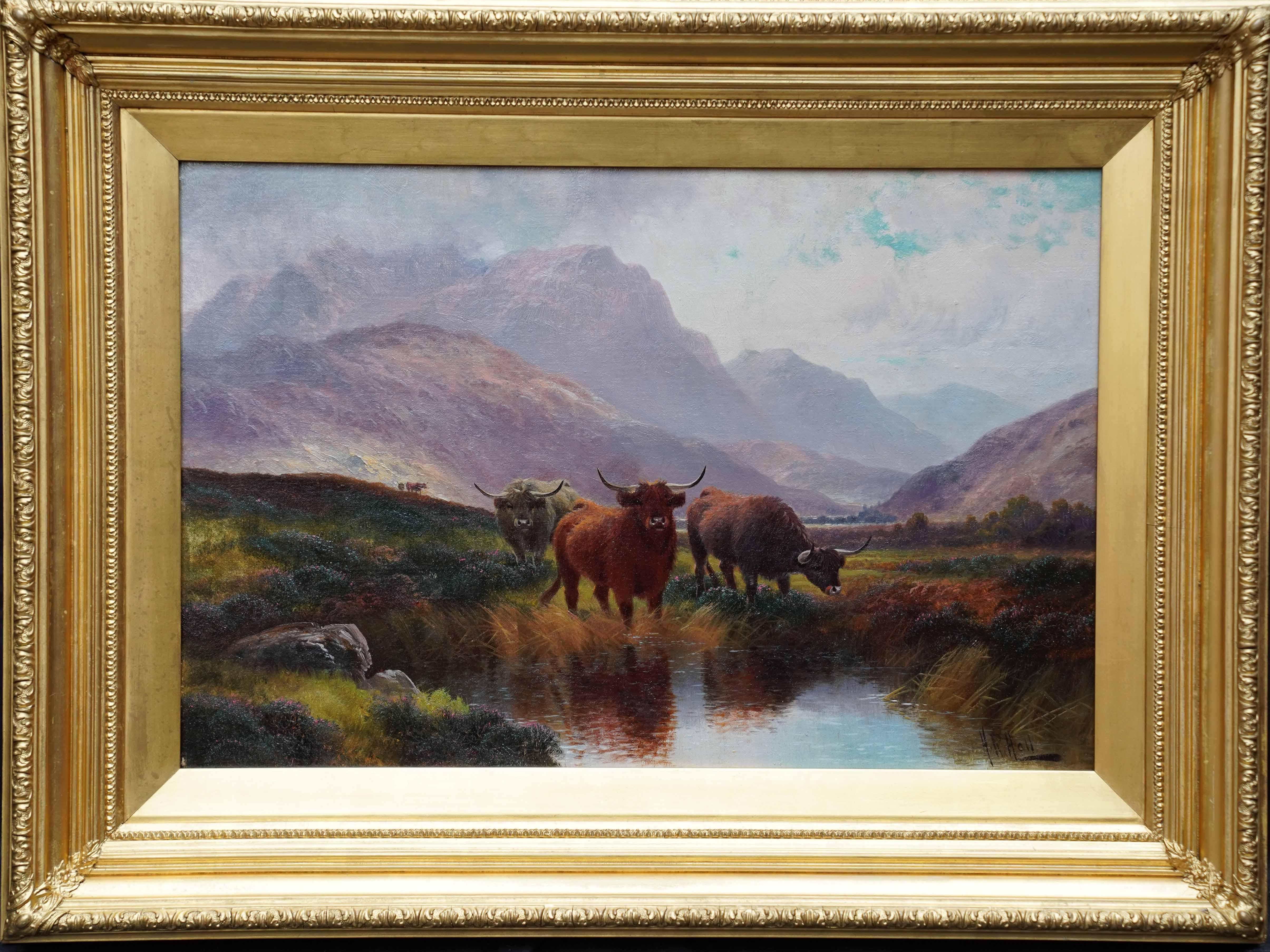 Bestiame delle Highlands in una pozza di brughiera, Perthshire - dipinto a olio d'arte britannico del 19° secolo in vendita 6