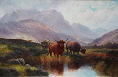 Highland Cattle at a Moorland Pool, Perthshire - British c1900 art oil painting