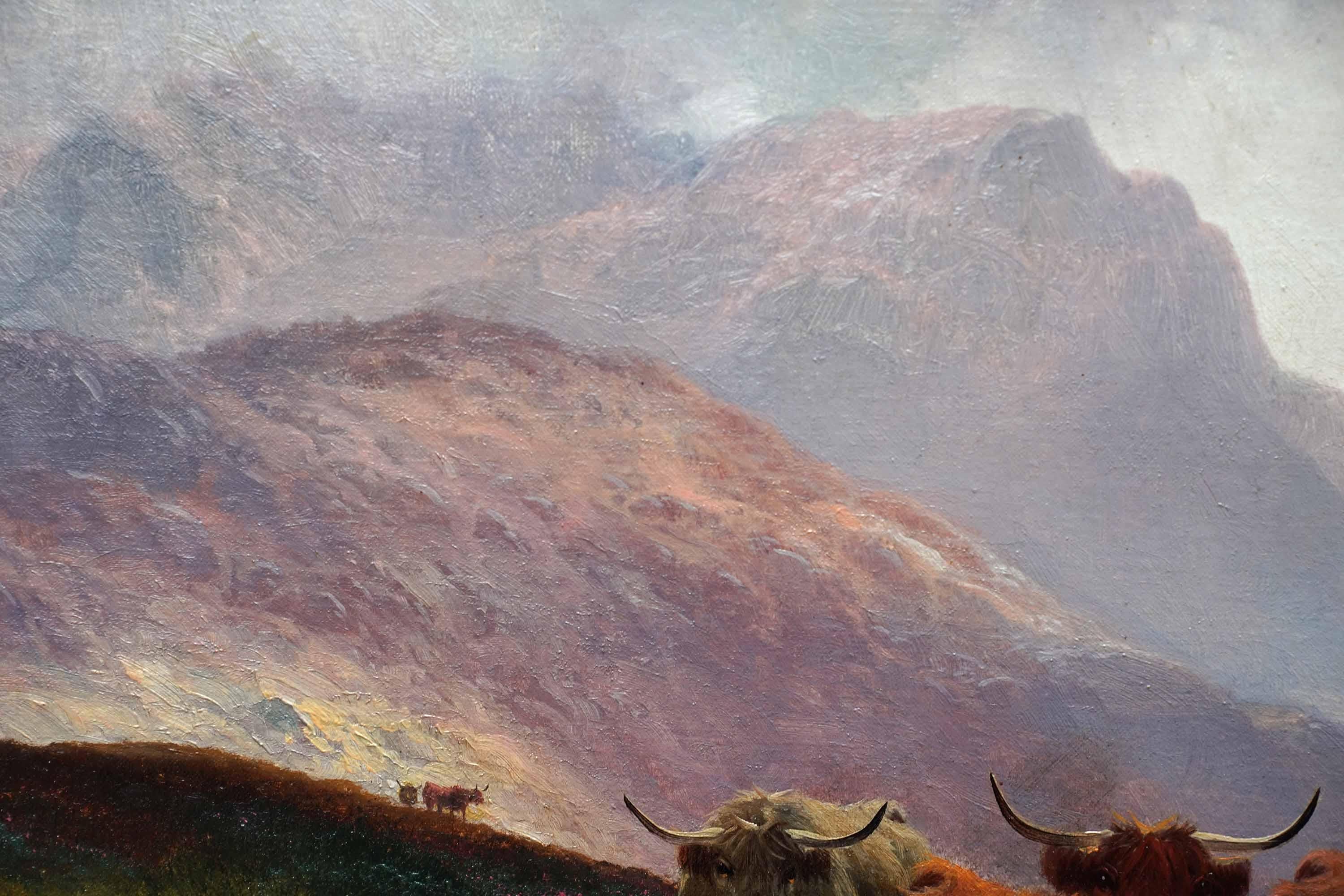 Bestiame delle Highlands in una pozza di brughiera, Perthshire - dipinto a olio d'arte britannico del 19° secolo - Landscape Painting Marrone di  Henry Robinson Hall