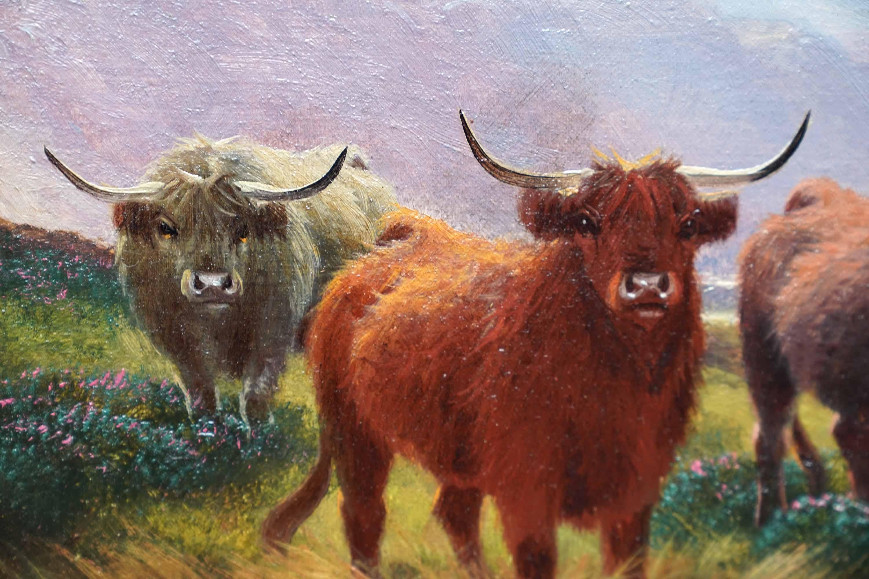 Bestiame delle Highlands in una pozza di brughiera, Perthshire - dipinto a olio d'arte britannico del 19° secolo in vendita 1